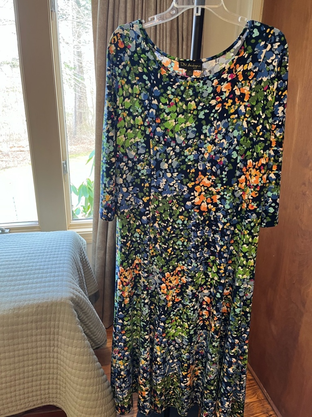 Navy Floral Midi Dress with Green & Orange Accents